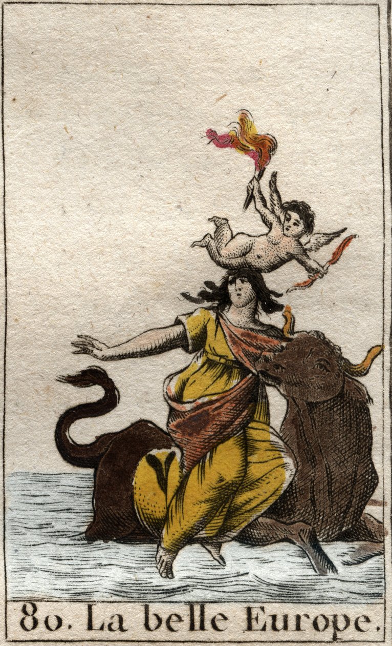 Evropa unesená Zeusem v podobě býka z „Mythologie de la jeunesse“ od Pierra Blancharda 1803. od French School