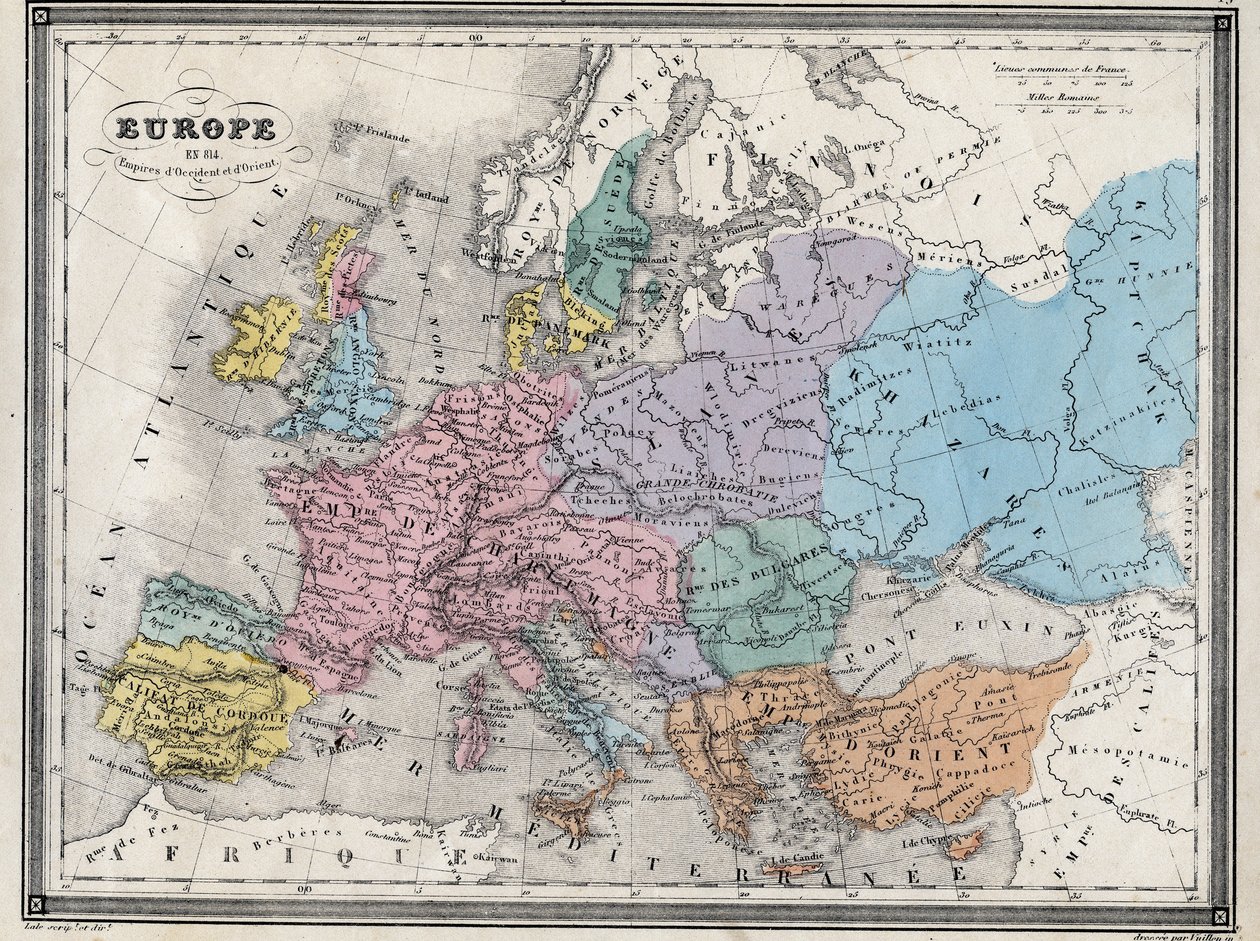 Evropa v roce 814 – Říše Západu a Východu – deska extrahovaná z „“Univerzálního atlasu starověké a moderní geografie pro použití obytných škol““ od Vuillemina – kolem roku 1845 od French School