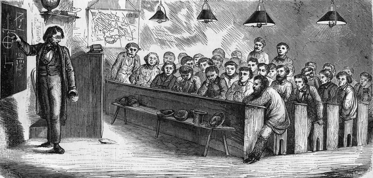 Večerní třída na veřejné škole pro dospělé v Paříži v roce 1858. od French School