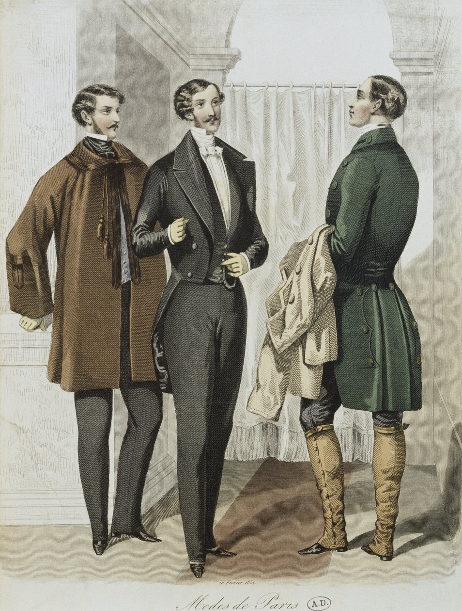 Večerní šaty, ilustrace z Le Journal des Tailleurs, 16. února 1851 (barevná rytina) od French School