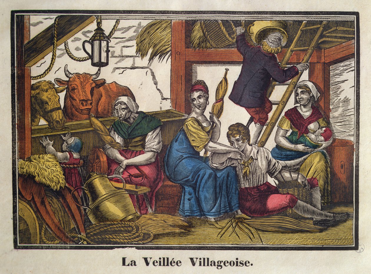 Večerní život na vesnici, počátek 19. století (barevné lito) od French School