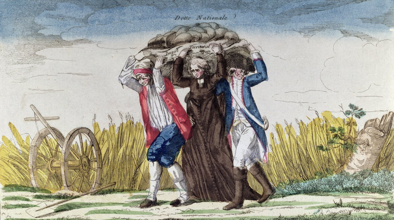 Každý nese břemeno daní a státního dluhu, kolem roku 1789 (barevná rytina) od French School