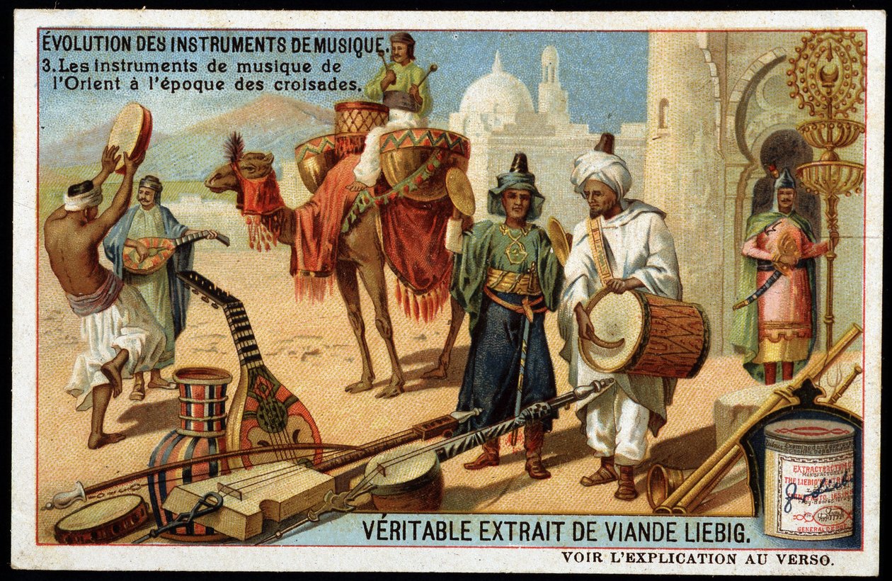 Evoluce hudebních nástrojů: Arabské hudební nástroje od východu do éry křížových výprav. Bendir, Duff, oud, Rabab a další smyčcové nástroje, dechové a perkuse (buben). Liebigská chromolitografie z konce 19. století. od French School
