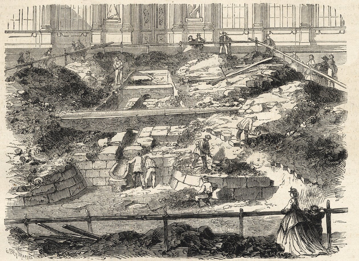 Vykopávky v Cour Carree du Louvre - Objev základů bývalé věže Philippe Auguste - Vykopávky provedené na nádvoří Louvru - aktualizace základů bývalé Tour Philippe-Auguste - Rytina v „Le monde i od French School