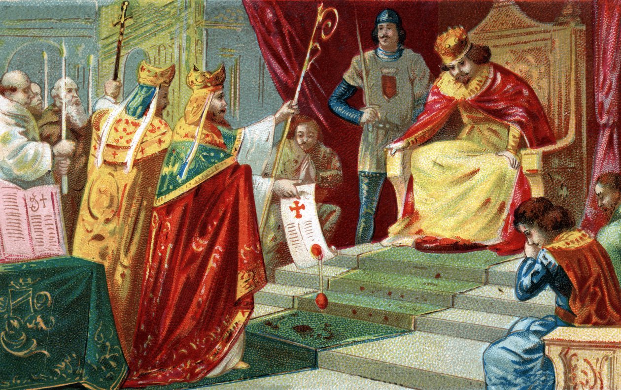 Exkomunikace Roberta II. Pobožného v roce 998“. Francouzský král, syn Huguese Capeta, se zamiluje a ožení se se svou sestřenicí Berthe Burgundskou navzdory odsouzení papeže Gregoire V., který ho také exkomunikuje. Chromolitografie konce 19. stol od French School