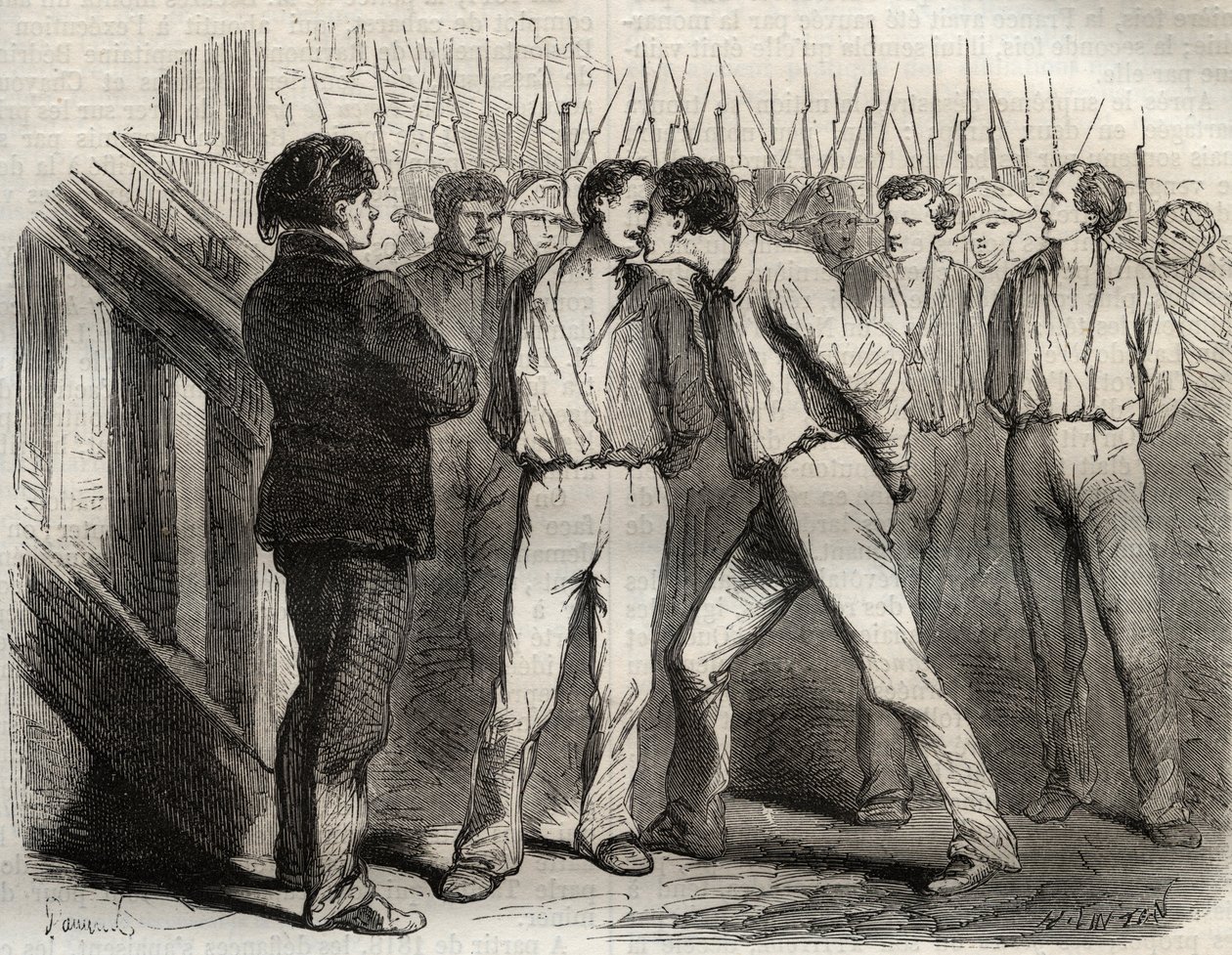 Poprava čtyř seržantů z La Rochelle dne 21. září 1822: Bories, Raoulx, Gaubin, Pommier - Raoulx, který měl projít prvním, požádal, aby objal své kamarády - rytina do „“ Causes celebres de tous les peuples““ od Armanda Fouquier (1817-18?) 18 od French School
