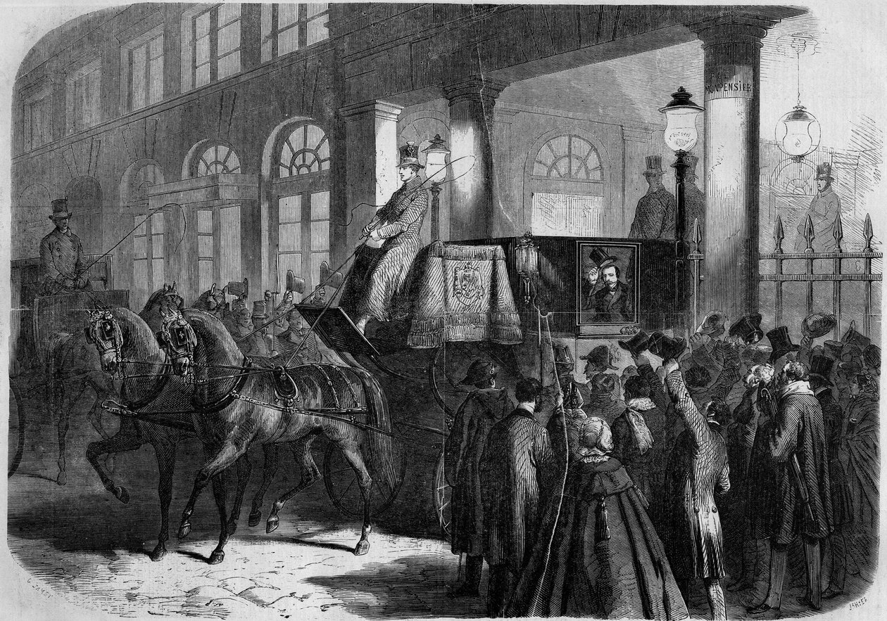 Odchod císaře Napoleona III. (1808-1873) z Comedie Francaise (Comedie-Francaise) po reprezentaci „“Chattertona“““. Paříž od French School