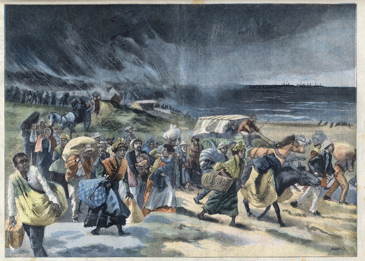Exodus obyvatel Fort de France (Fort-de-France) po erupci sopky de la Montagne Pelee na Martiniku. Gravírování „“Le Petro Parisien““ od French School