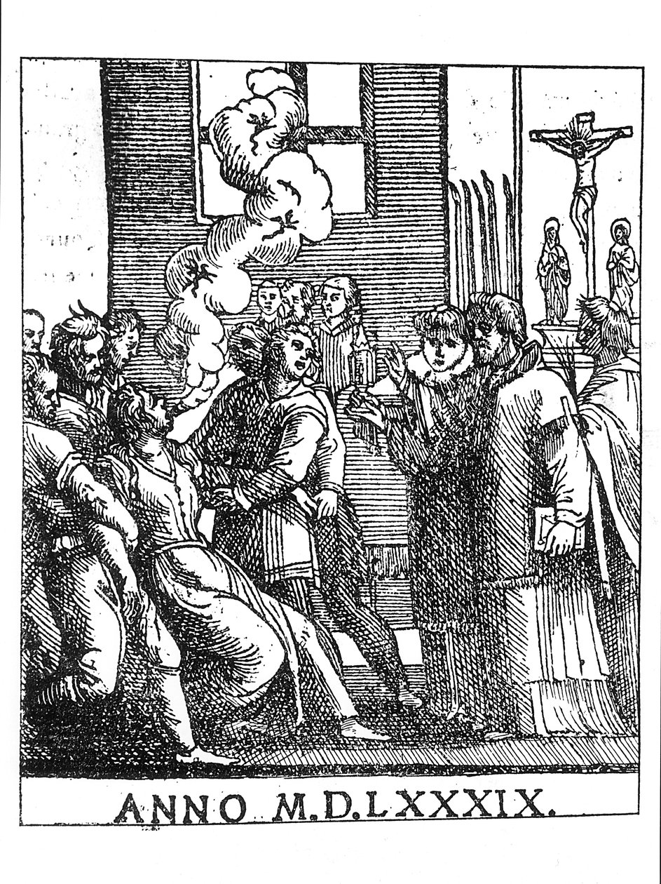 Scéna vymítání v roce 1589 od French School