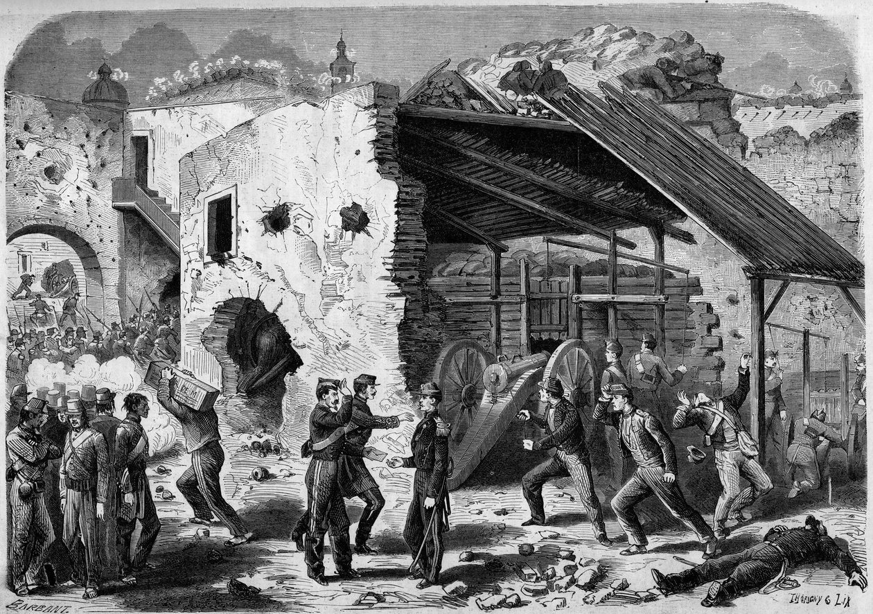 Expedice do Mexika (1861-1867) - obléhání Puebla - 1863: útok na rám (domový blok) francouzskou armádou. Jakmile byli francouzští vojáci uvnitř města, museli bojovat čtvrt po čtvrti. Rytina v ""Svět I od French School