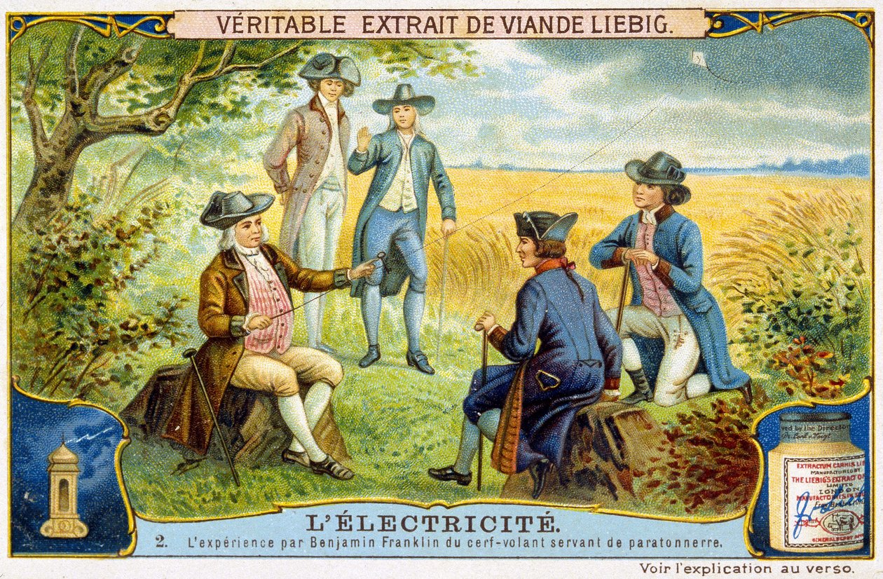 Zkušenost Benjamina Franklina s létajícím jelenem použitým jako hromosvod - reklamní nálepka Liebig od French School