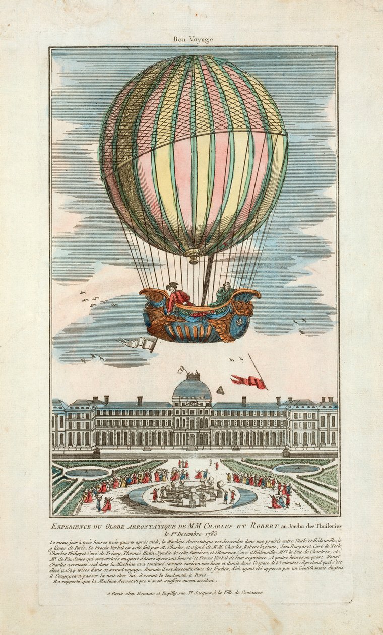 Zkušenosti s aerostatickým glóbem MM. Karla a Roberta v Jardin des Thuileries 1. prosince 1783, hospoda. 1783 (ručně kolorovaná rytina) od French School