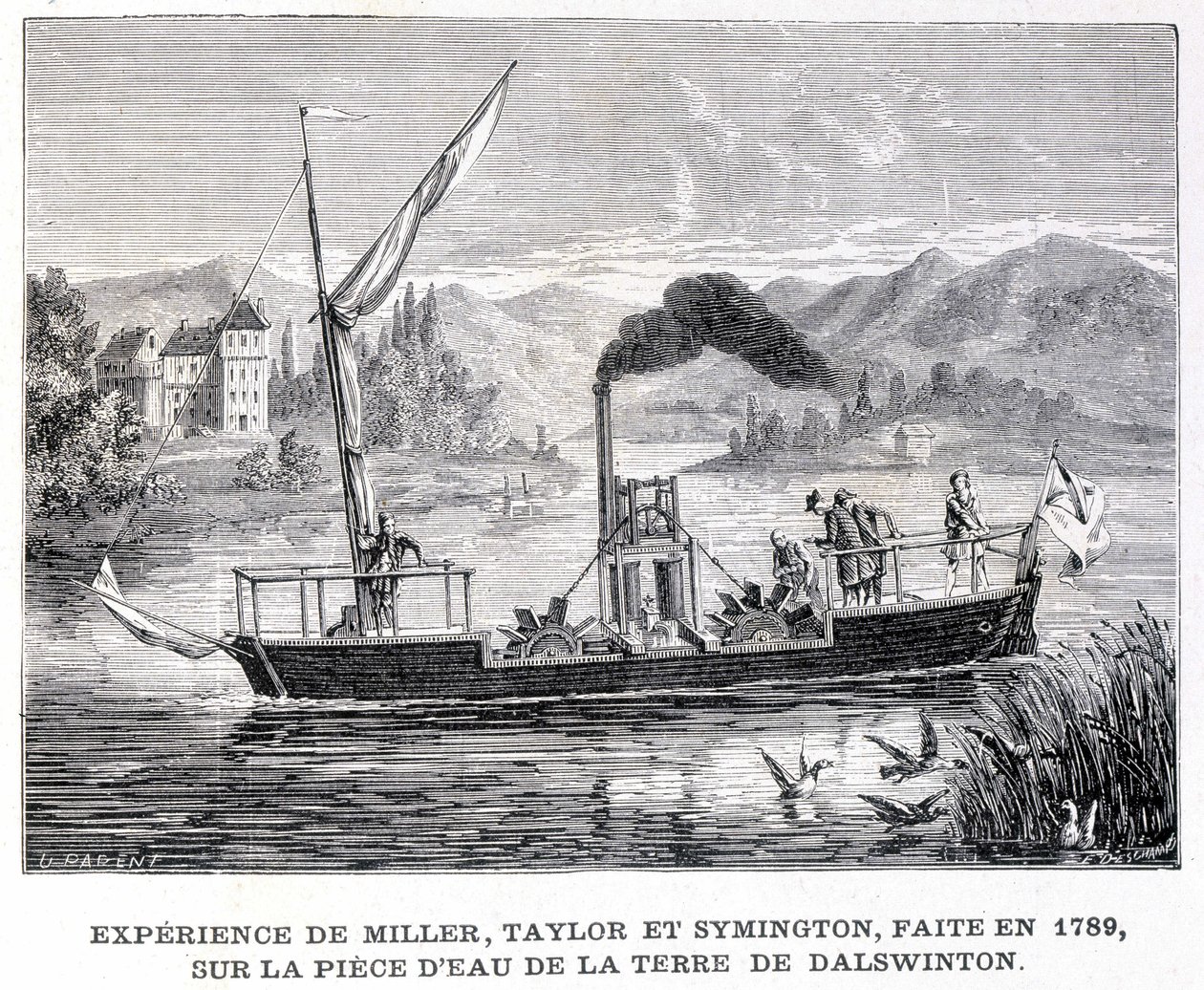 Zkušenosti Millera, Taylora a Symingtona, vyrobené v roce 1789, na vodním kousku Dalswintonovy země – v „“ Album of Science; proslulí učenci; Velké objevy””” 1896. od French School
