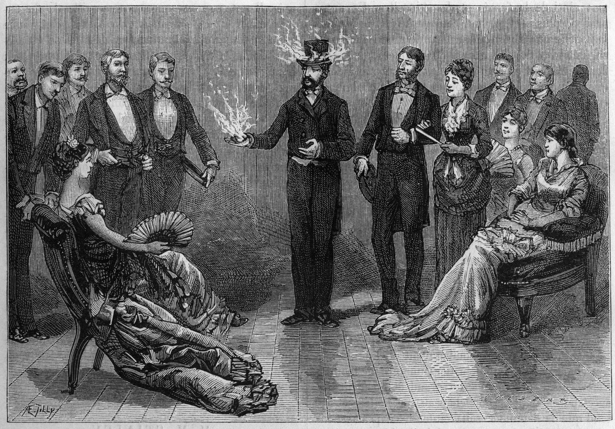 Zkušenost s hořlavou kapalinou, hořením na klobouku, na kapesníku atd., aniž by došlo k požáru, provedeno na Conservatoire des Arts et Metiers v roce 1881. Rytina „“ La Nature. Přehled vědy a jejích aplikací v umění a průmyslu od French School