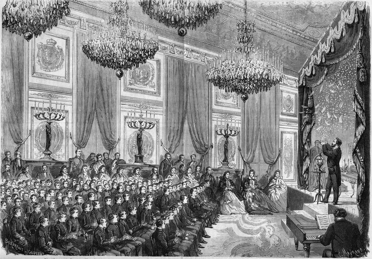 Fyzikální experimenty provedené Henri Robinem (asi 1803-1874) na počest nejlepších žáků pařížského lycea, show nabízená princem Imperial v paláci Tuileries, 27. ledna 1865. Současnost: Prince Imperial, syn N od French School