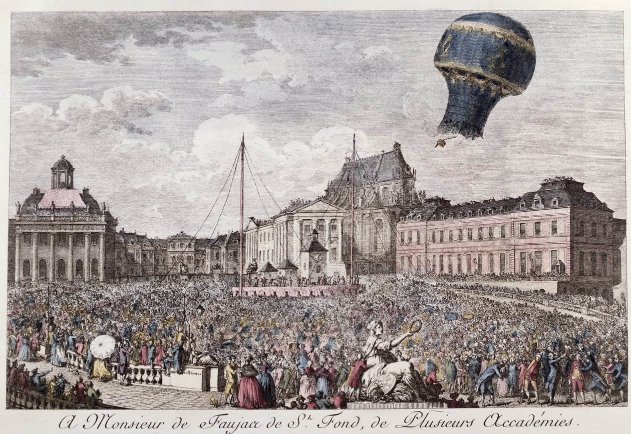 Experiment ve Versailles bratří Montgolfierů s letem kohouta, kachny a ovce v horkovzdušném balónu Montgolfiere 19. září 1783 od French School