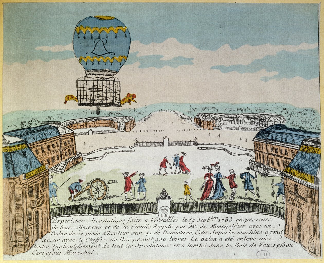 Experiment ve Versailles bratří Montgolfierů s letem kohouta, kachny a ovce v horkovzdušném balónu Montgolfiere 19. září 1783 od French School