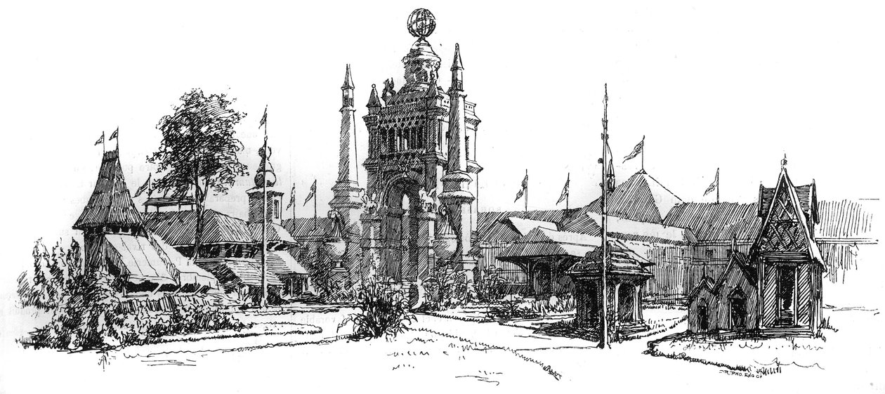 Univerzální výstava v Antverpách (Belgie) v roce 1885: pohled na výstavní budovy. Rytina v ""Le Monde Illustre", 22. srpna 1885. od French School