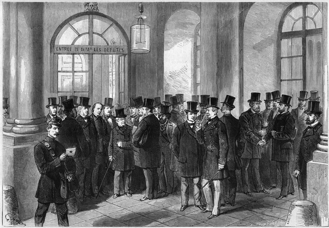 Prodloužení prezidentského období marechala z Mac-Mahonu (Mac Mahon), založení septennatu ve Francii, listopad 1873: pohled na vstupní dveře Assembllee de Versailles, v den projednávání prorogace. Zleva doprava od French School