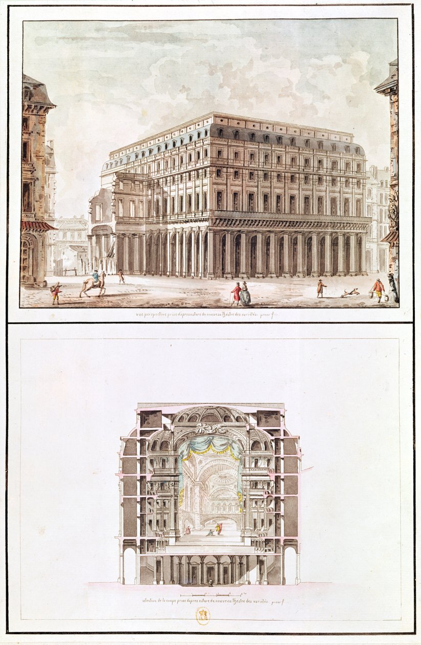 Exteriér a průřez interiérem Theatre des Varietes, 6 rue de Richelieu od French School
