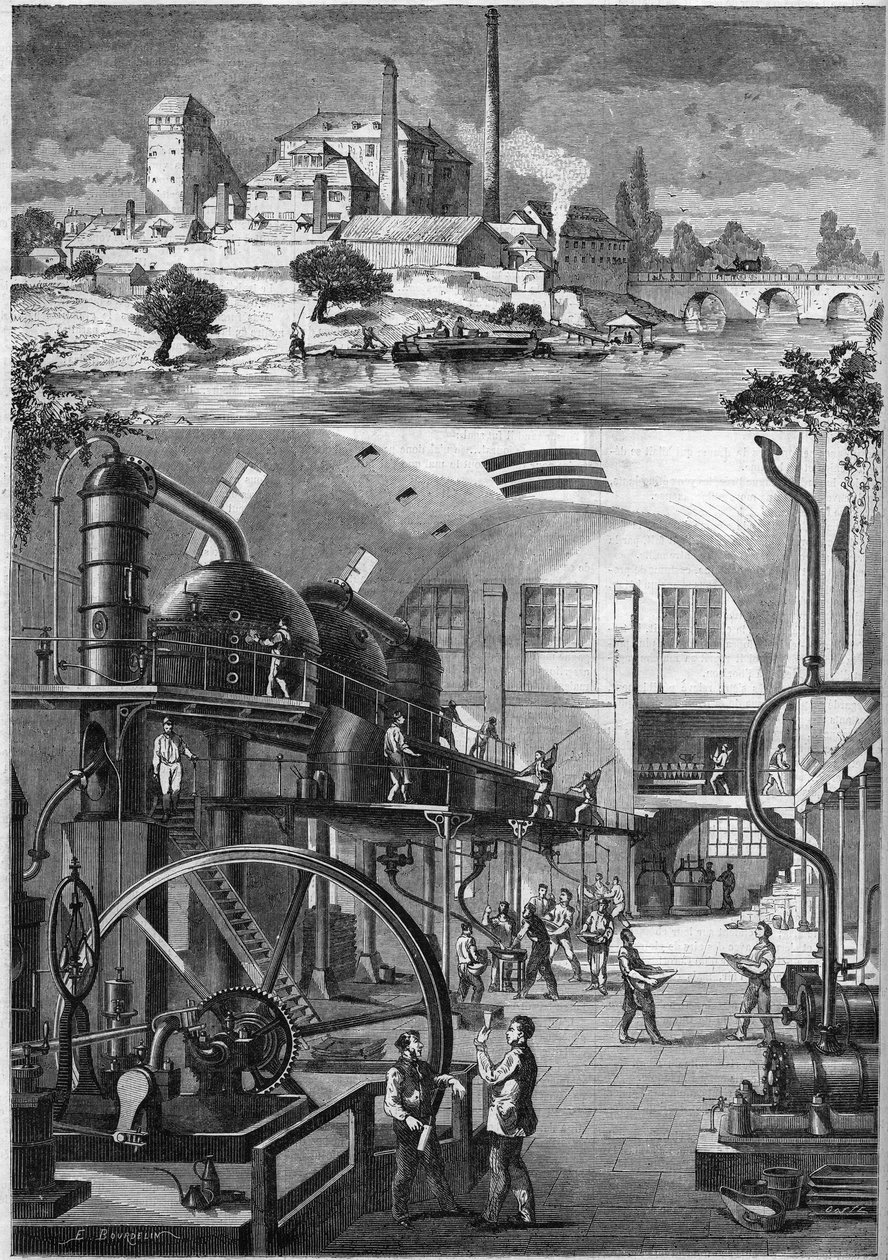 Vnější pohled a hlavní dílny velké cukrovaru Les Recollets, vlastněné panem Cedardem v Nantes v roce 1864. Rytina v „“ Le Monde Illustré““ č. 380 z 23. července 1864. od French School