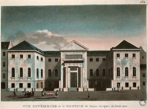 Vnější pohled na Hospic Saint-Jacques, kolem roku 1800 (barevná rytina) od French School