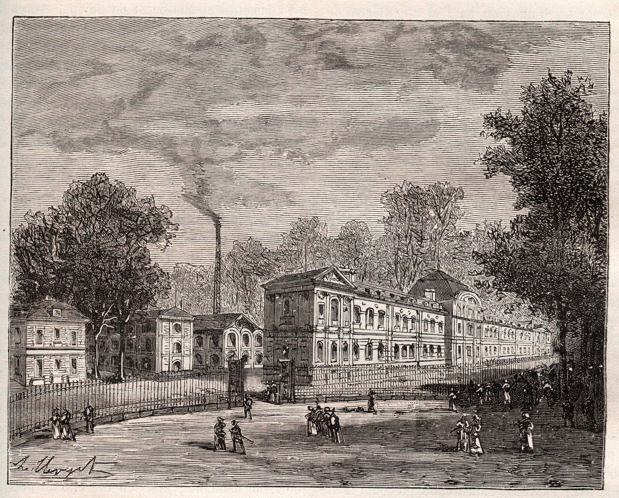 Vnější pohled na Imperiale Porcelain Factory of Sevres, postavenou v parku Saint Cloud podle plánů architekta Laudina - rytina „France illustree: geografie, historie, statistická správa“ od V.-A. Sladově hnědá. 1884 od French School