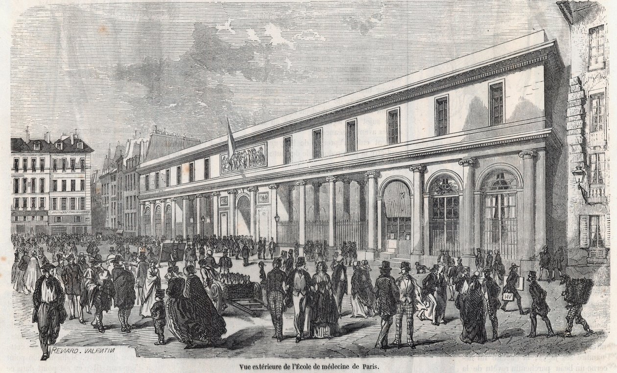 Vnější pohled na pařížskou lékařskou fakultu - rytina v „Tableau-de-Paris“ od Edmonda Texiera 1852 od French School