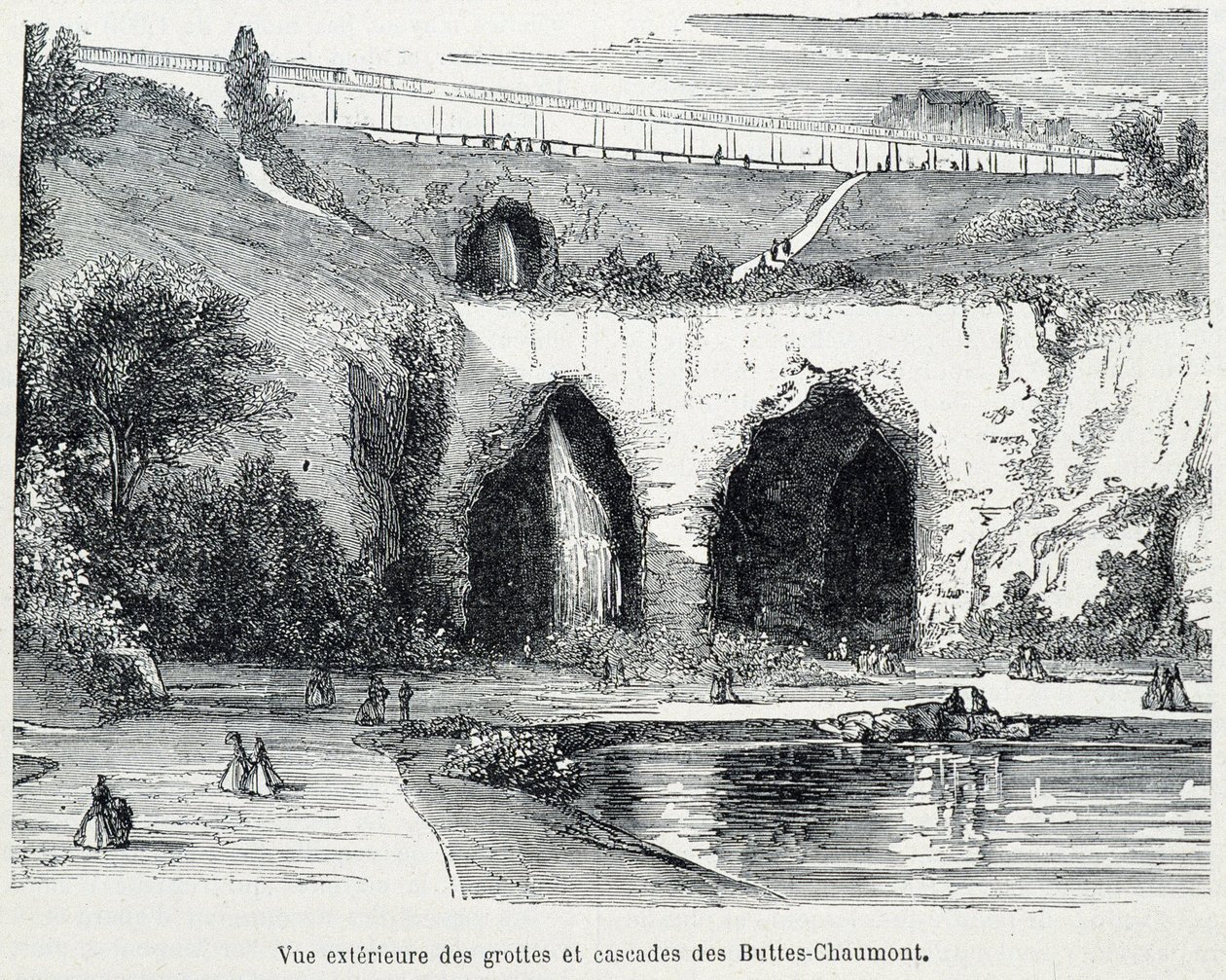 Vnější pohled na kaskády a jeskyně Buttes Chaumont, rytina 19. století od French School