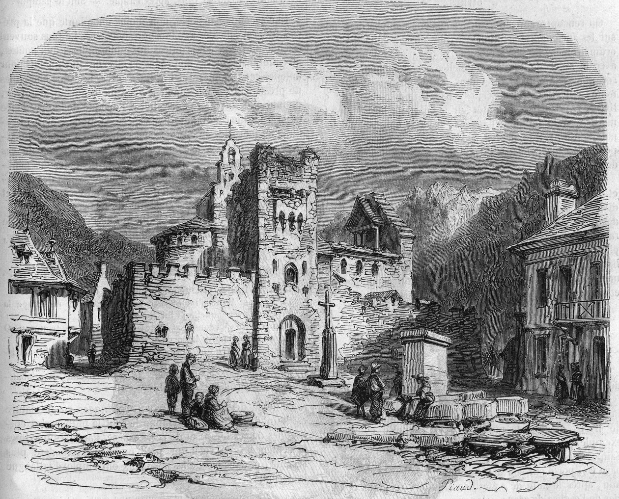 Vnější pohled na kostel Saint Andre (kostel templářů), opevněný ve 14. století. Luz saint spasor (Luz-Saint-Sauveur), Hautes Pyrenees (65) od French School
