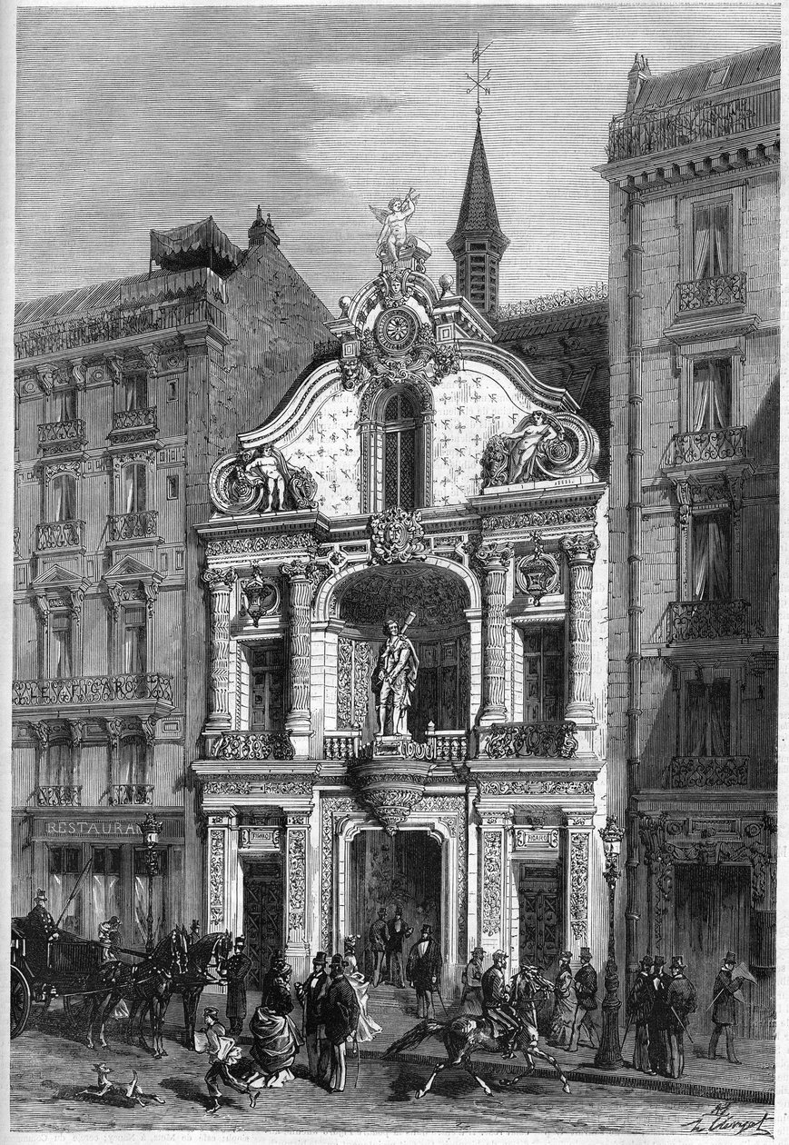 Vnější pohled na hotel novin „“Le Figaro““ v Paříži, 26, rue Drouot. Rytina v „“ Le Monde Illustré““ č. 888 z 18. dubna 1874. od French School