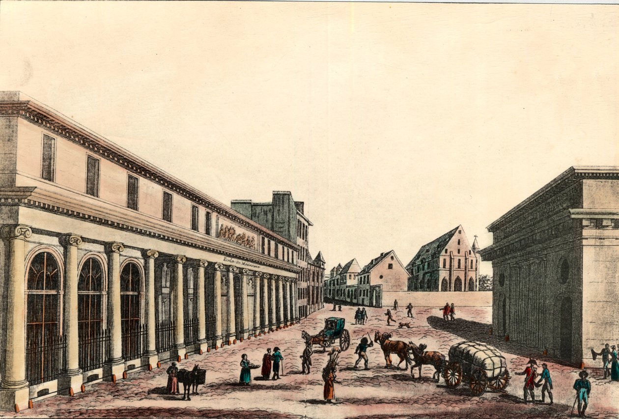 Vnější pohled na lékařskou fakultu v Paříži pod konzulátem (1799-1804). Rytina 19. století. Soukromá sbírka. od French School