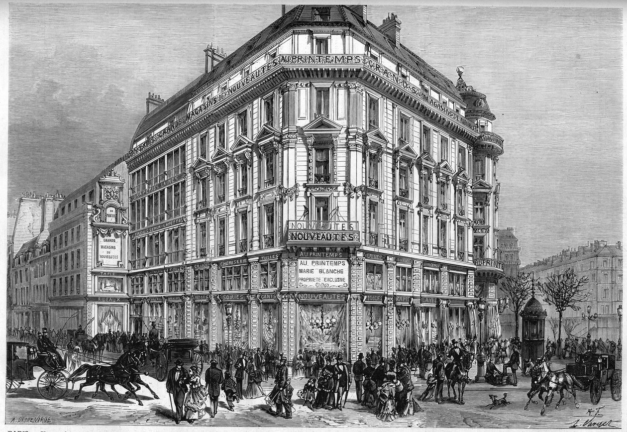 Vnější pohled na nové obchody Printemps v Paříži, v den slavnostního otevření „Vídeňských výtahů“ v roce 1874. Rytina v „“ Le Monde Illustré““ č. 885 z 28. března 1874. od French School