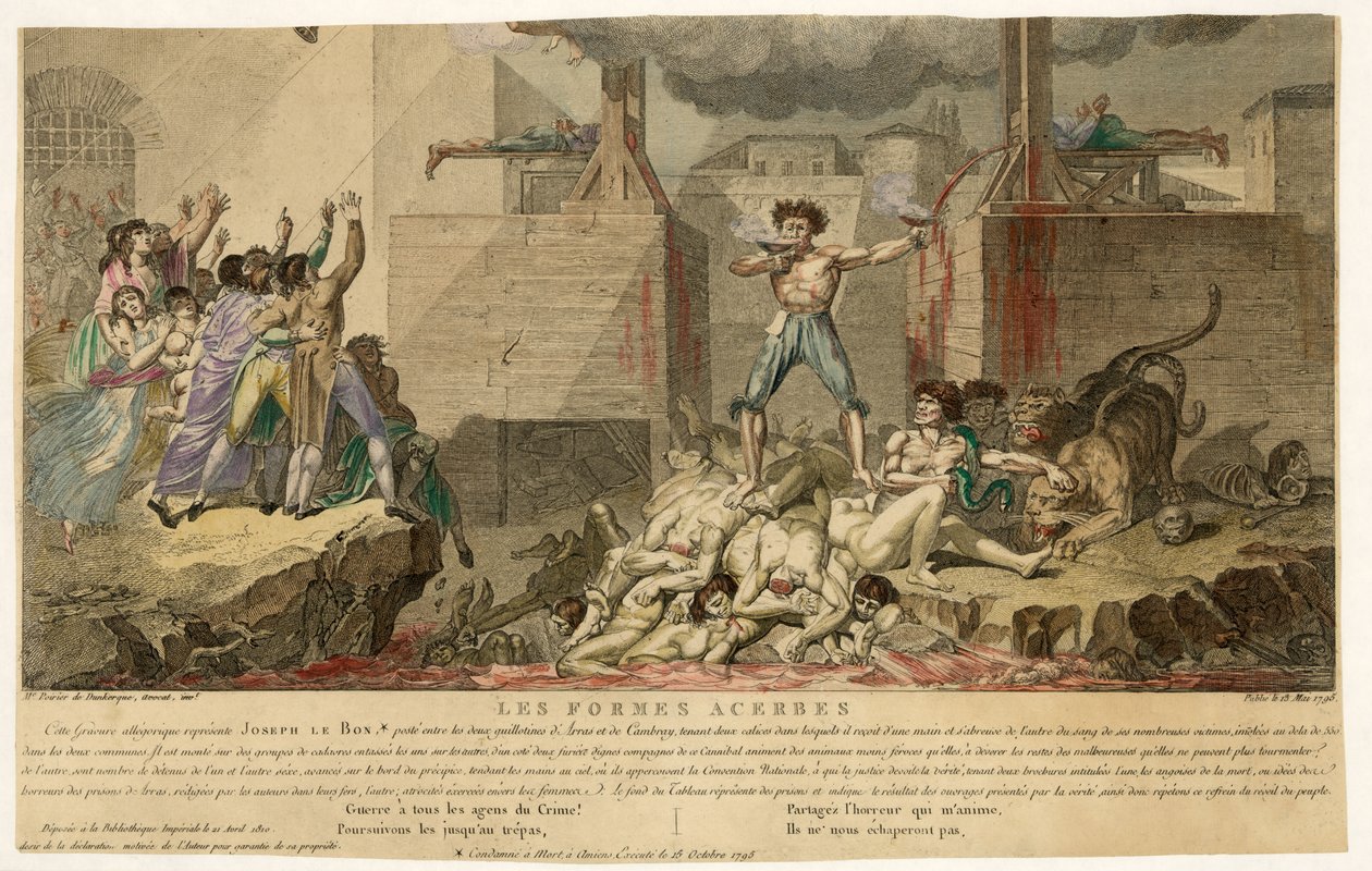 Výtah z Les Formes Acerbes, pub. 13. května 1795 (ručně kolorovaná rytina) od French School