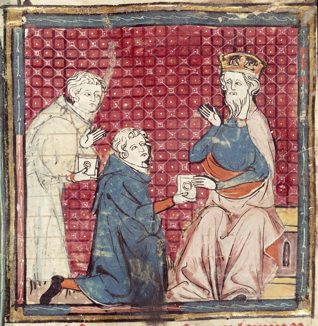 F.117r Poslové vyprávějící Karlu Velikému o vítězství nad Saracény, z Grandes Chroniques de France, 1375-79 od French School