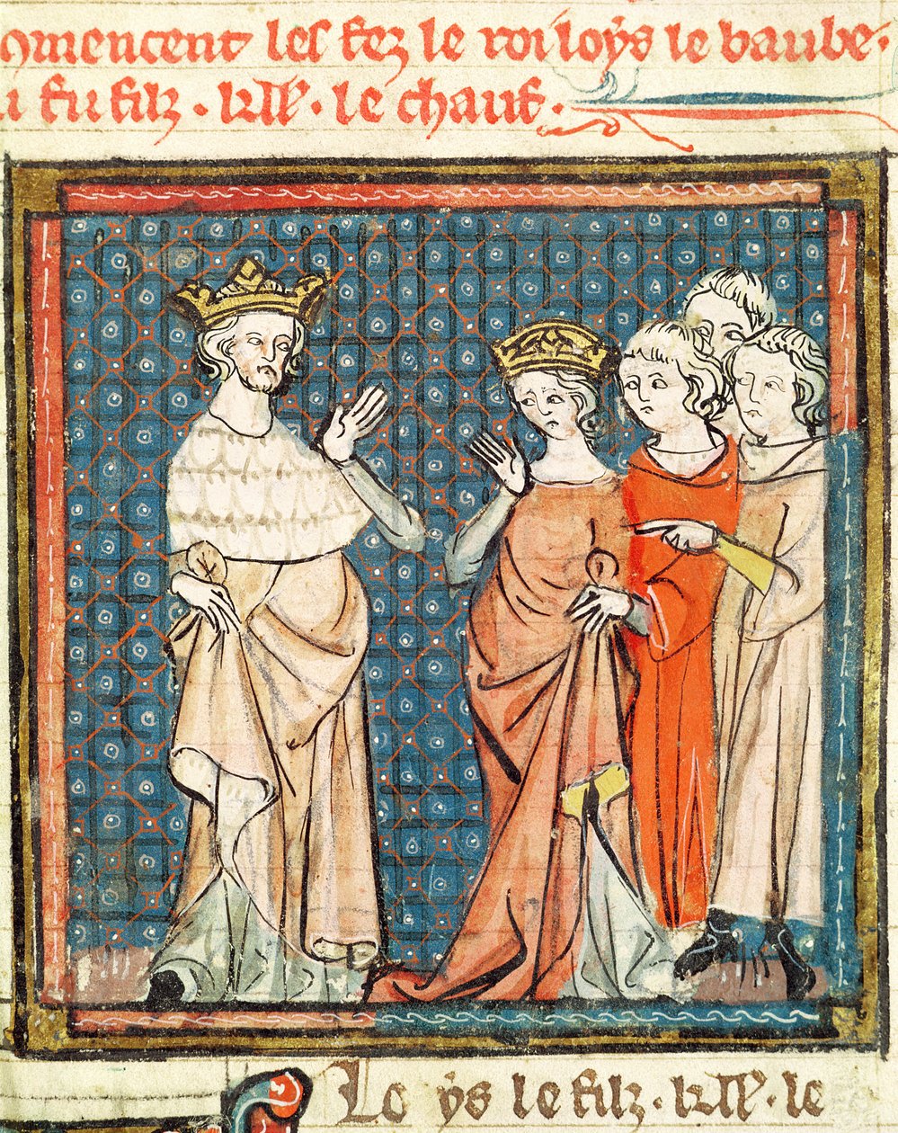 F.180r Sňatek Ludvíka II. (846-79) Stammerera a Adelaidy z Frioulu, královny Akvitánie, z Grandes Chroniques de France 1375-79 od French School