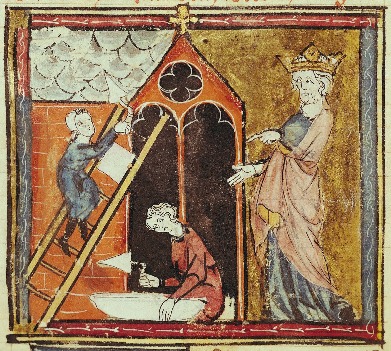 F.235v Král Ludvík VI. (1080-1137) Sledování stavby kostela, z Grandes Chroniques de France 1375-79 od French School