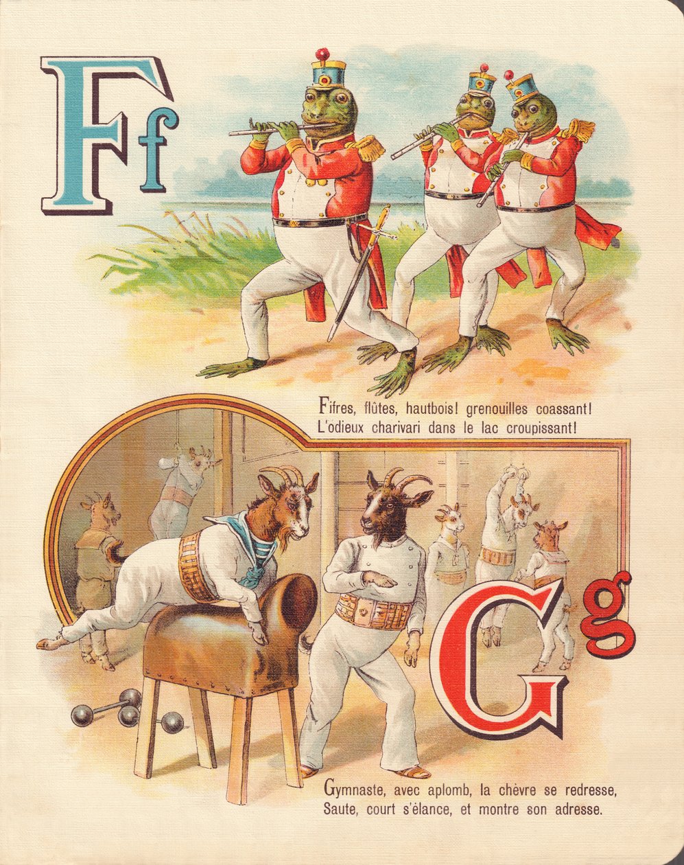 F G: Žába, píšťala, koza, gymnastika od French School