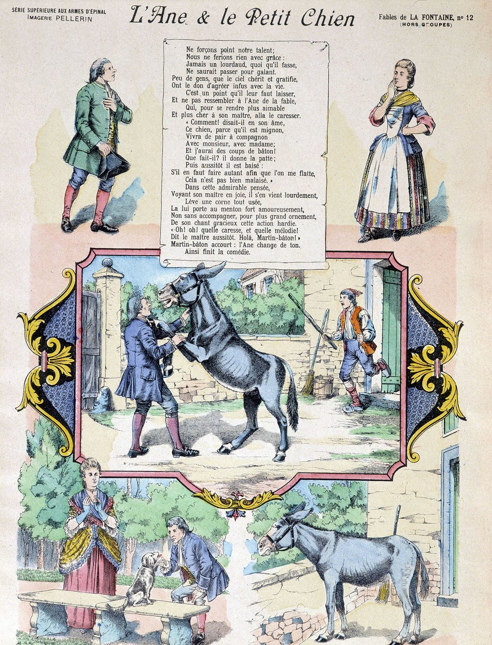 Fable de La Fontaine „Osel a malý pes“. Obrázek Epinal-Pellerin od French School