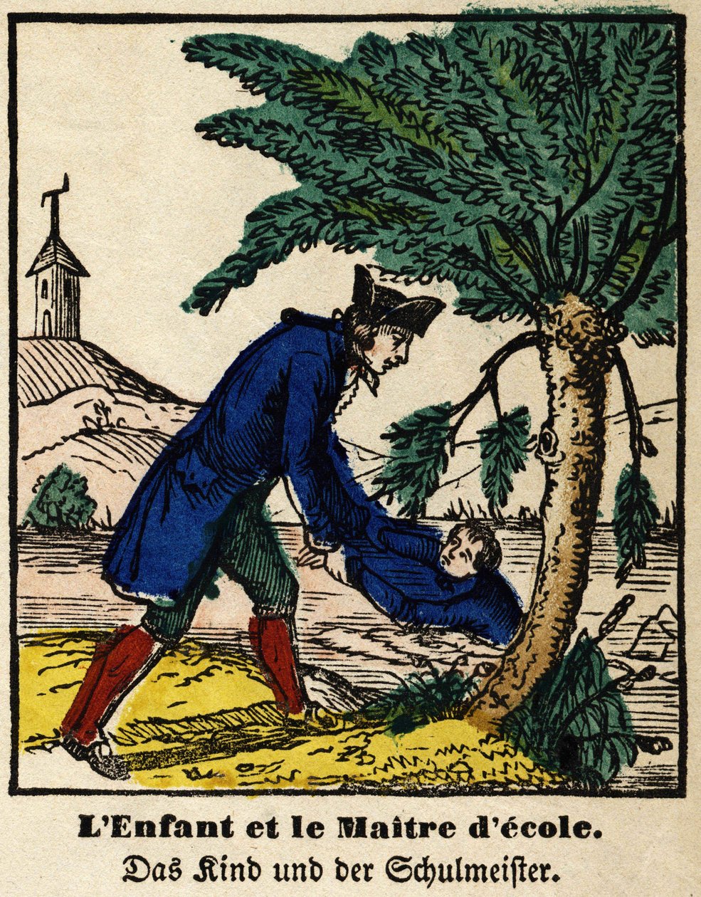 Bajky de La Fontaine: dítě a učitel. Obrázek Epinal, první polovina 19. století od French School