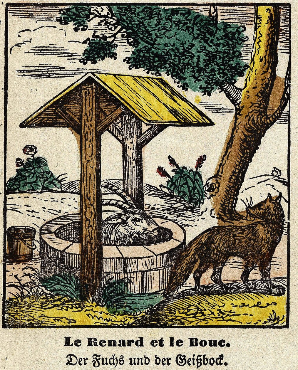 Bajky de La Fontaine: liška a dobro. Obrázek Epinal, první polovina 19. století od French School