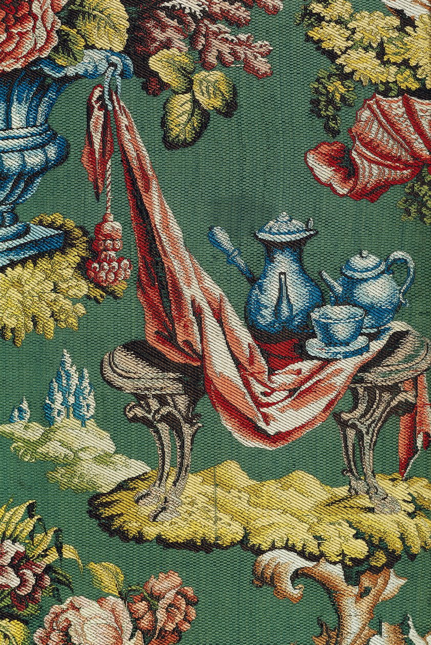 Látka zobrazující čokoládovou konvici a čajovou konvici, Lyon Workshop, cca 1730 (hedvábí) od French School