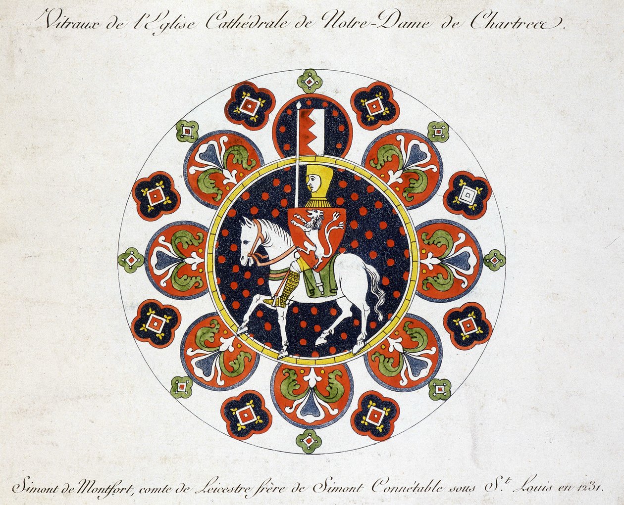 Přirovnání z vitrážového okna kostela Panny Marie z Chartres: Simont de Montfort, hrabě z Leicestre, bratr Simonta Conétablea za Saint Louis v roce 1231. od French School