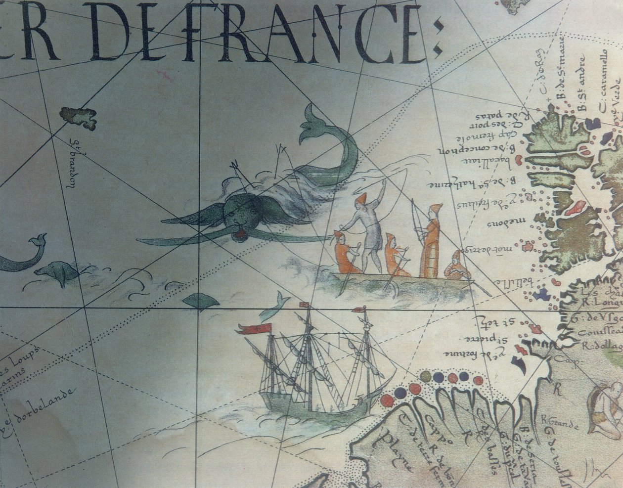 Faksimile velrybářství a Isle of Saint Brandon, detail z portolánové mapy od Pierra Descelierse, 1546, publikované v Monuments de la Geographie od Edme Francoise Jomarda (1777-1862) od French School