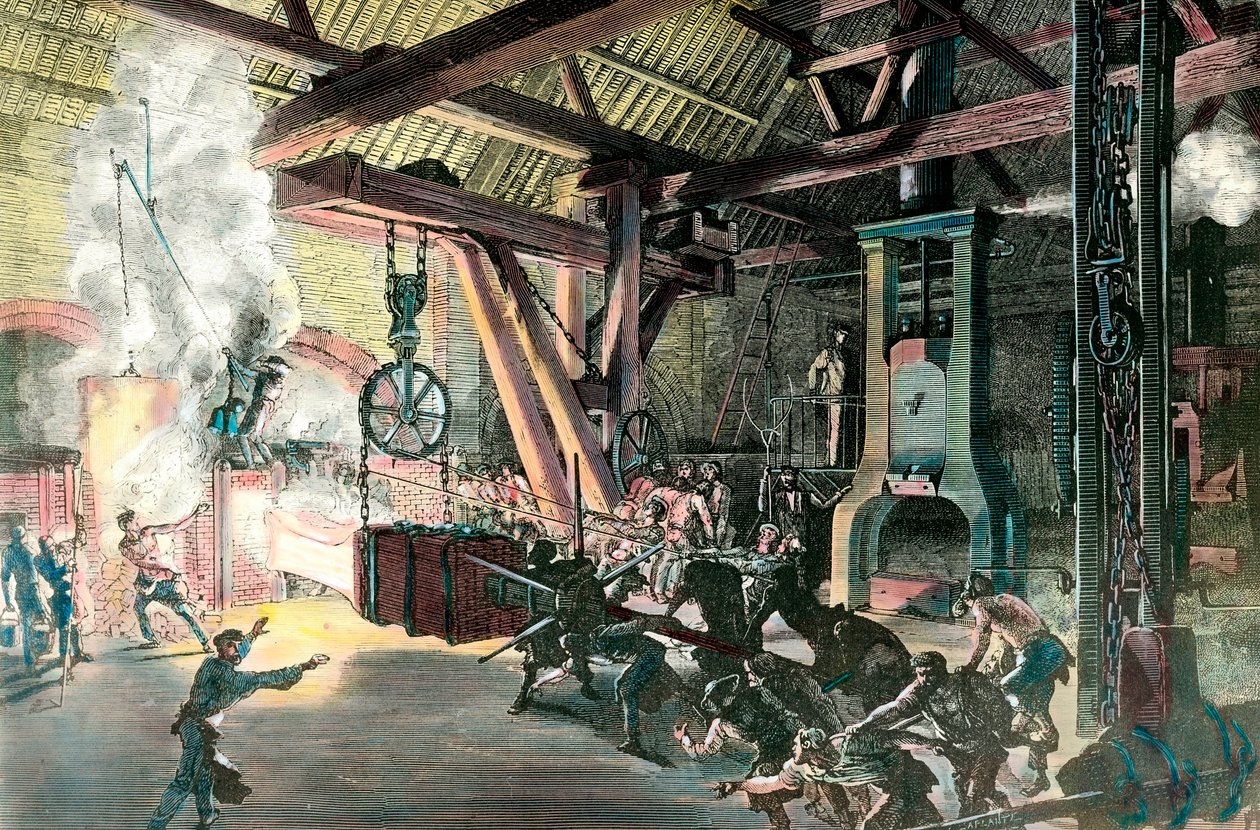 Továrna: „“ Le hamteau bubeník (bubeník s kladivem) des forges du Creusot v roce 1865““ Rytina kolem roku 1865. Soukromá sbírka od French School