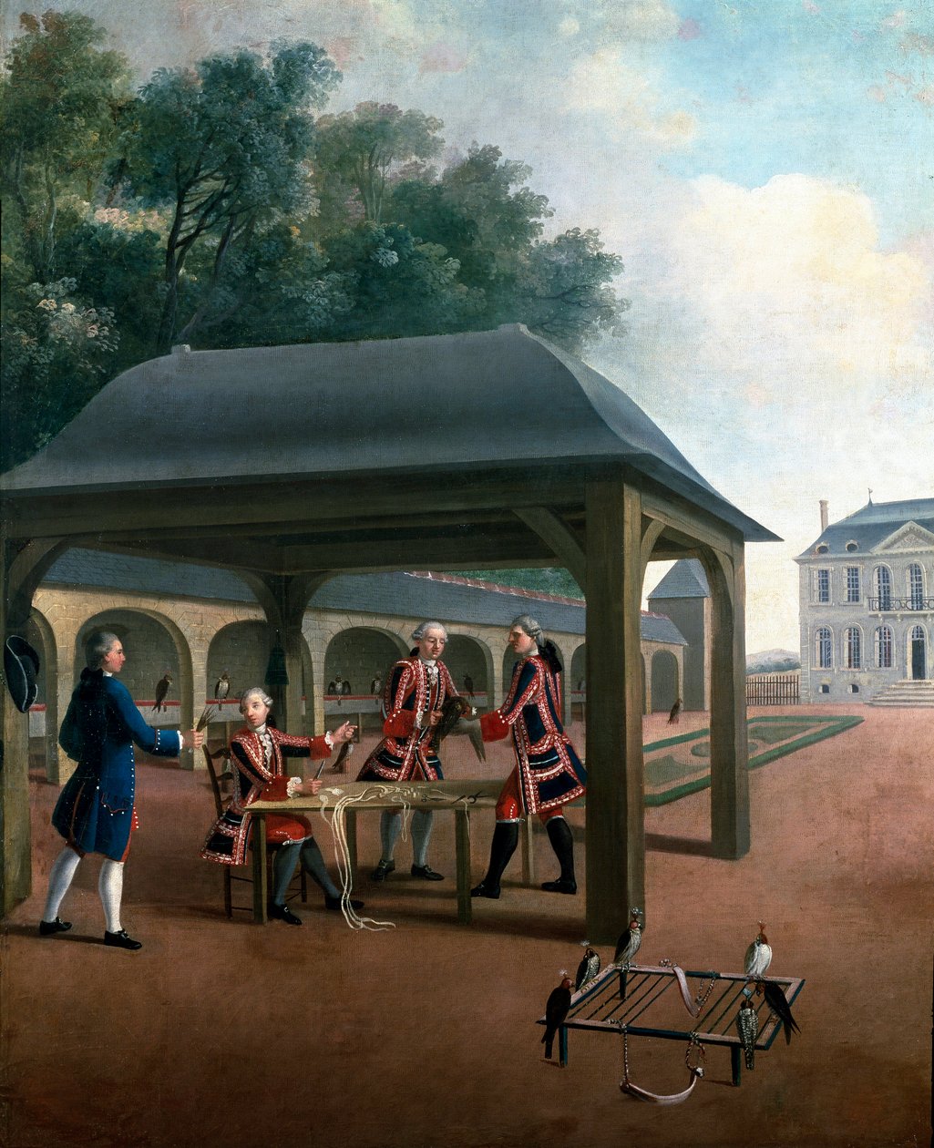Sokolovna chov sokolů pro lov. Malba francouzské školy 18. století. Versailles, zámecké muzeum od French School