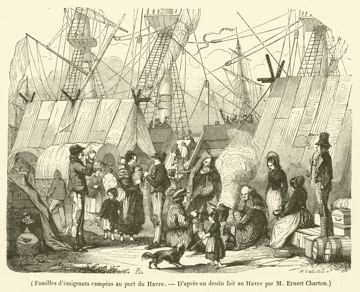 Emigrantské rodiny tábořící v přístavu Le Havre (rytina) od French School
