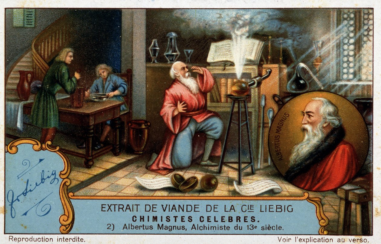 Slavní chemici: Albrecht von Bollstadt známý jako Albert Veliký nebo Albertus Magnus (1206 - 1280), bratr dominikán, německý chemik a alchymistický profesor Tomáše Akvinského může být na obrázku znázorněn jako učeň od French School
