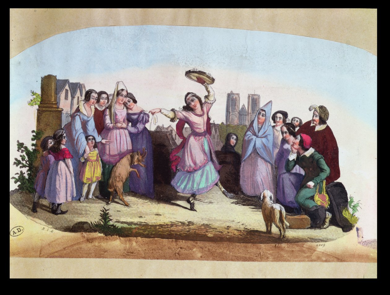 Vějířový design zobrazující scénu z La Esmeralda, opery Louise-Angelique Bertin (1805-77) podle románu Victora Huga (1802-85) kolem roku 1836 od French School