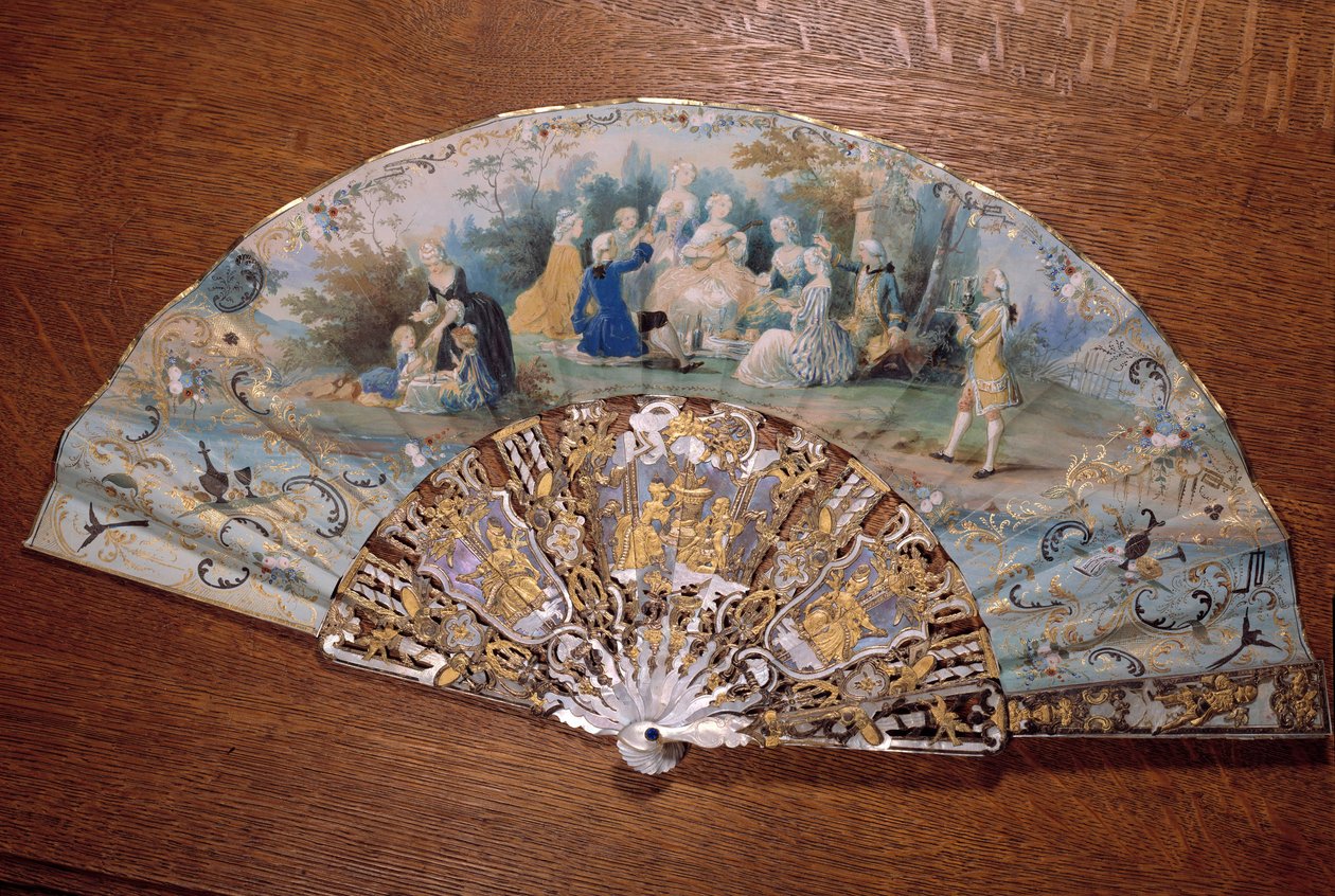 Fanoušek reprezentující venkovský vkus. Skupina šlechticů na pikniku v parku. 18. století Chantilly, muzeum Conde od French School